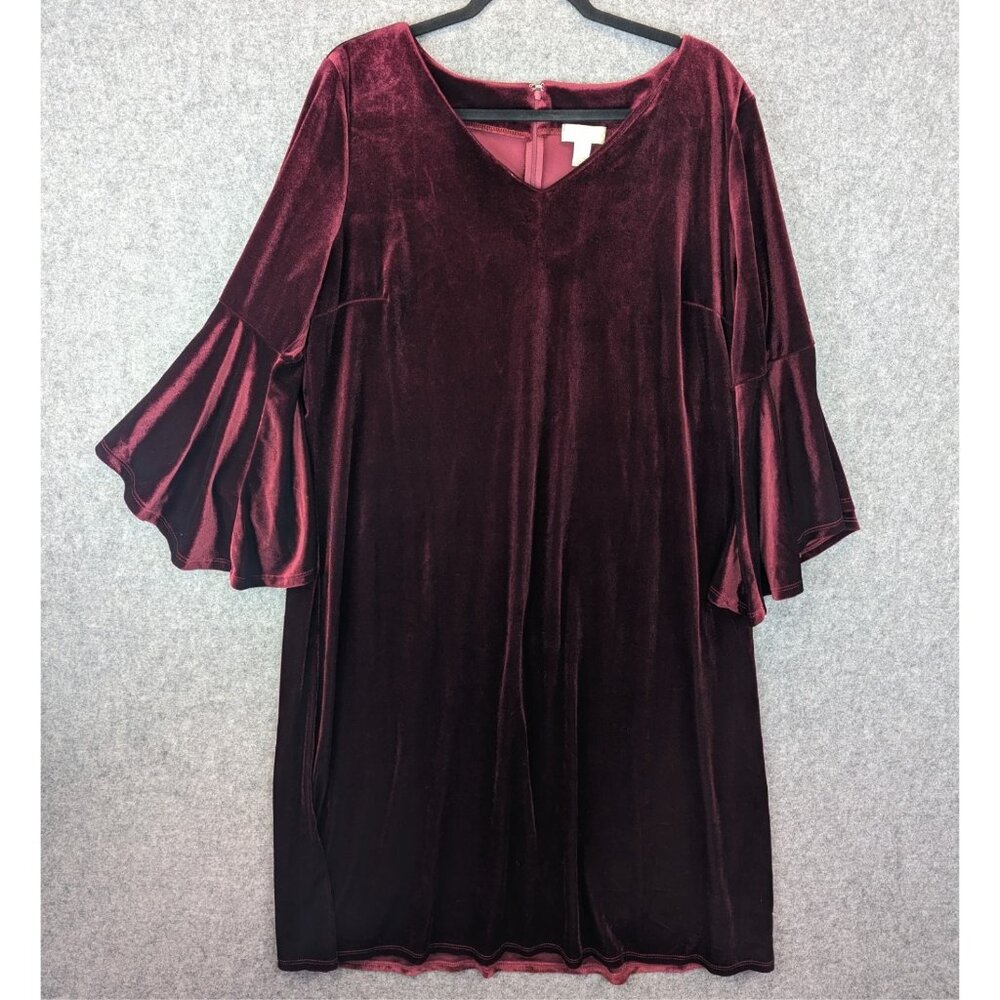 Appleseed's Womens XL Burgundy Stretch Velvet Dress V-Neck 3/4 Bell Sleeve USA - Picture 1 of 12